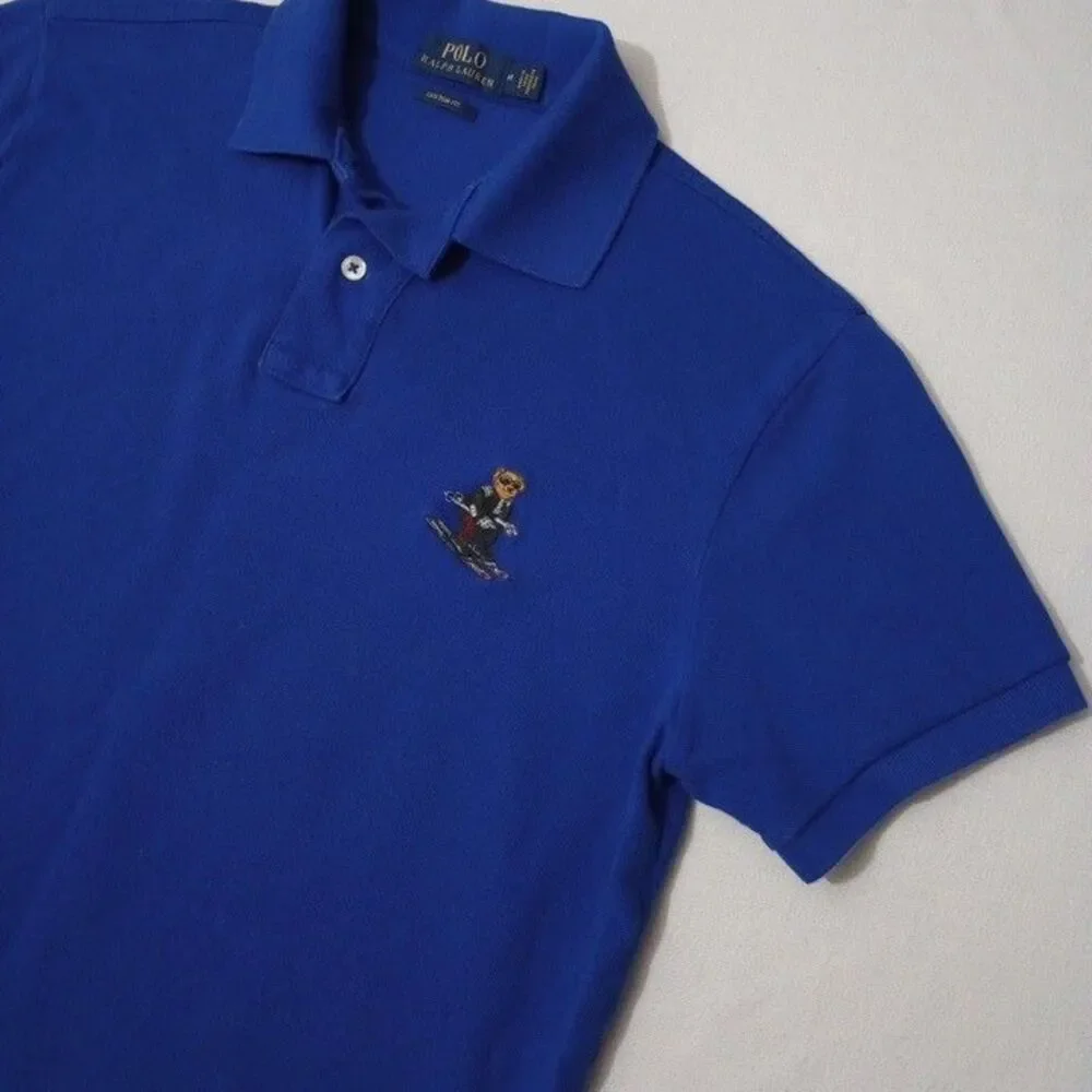 Ralph Lauren Men's Medium Skiing‎ Bear Polo Shirt Blue Short Sleeve